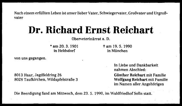 Reichart Richard 1901-1990 Todesanzeige